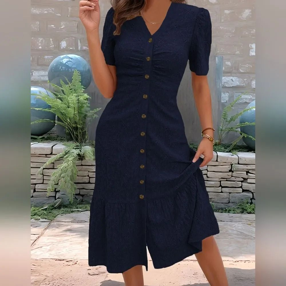 💥3/$180💥Eyelet Embroidered Midi Navy Blue Button-Down Fitted Ruched Dress